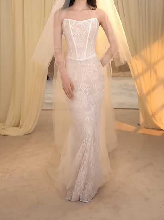 Simple Strapless Wedding Dress Lace Mermaid Bridal Dress GG7282