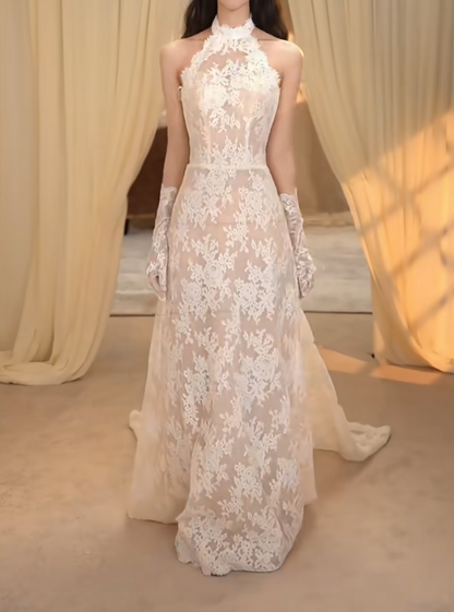 Charming Halter Neck Wedding Dress Lace Tulle A-Line Bridal Dress GG7285