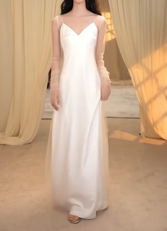 Simple Spaghetti Straps Wedding Dress Satin A-Line Bridal Dress GG7286