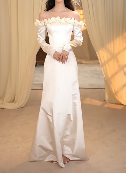 Chic Off-Shoulder Appliques Wedding Dress Long Sleeve Satin Mermaid Bridal Dress GG7287