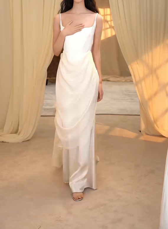 Glam Spaghetti Straps Wedding Dress Satin Mermaid Bridal Dress GG7289