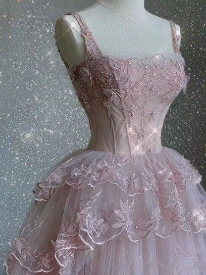 Charming Ball Gown Square Pink Lace Applique Tulle Long Prom Dress,Evening Dress GG729