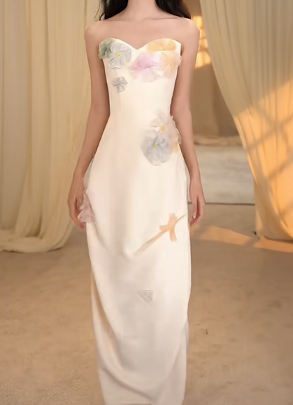Charming Strapless Prom Dress White Appliques Sheath Evening Dress GG7291