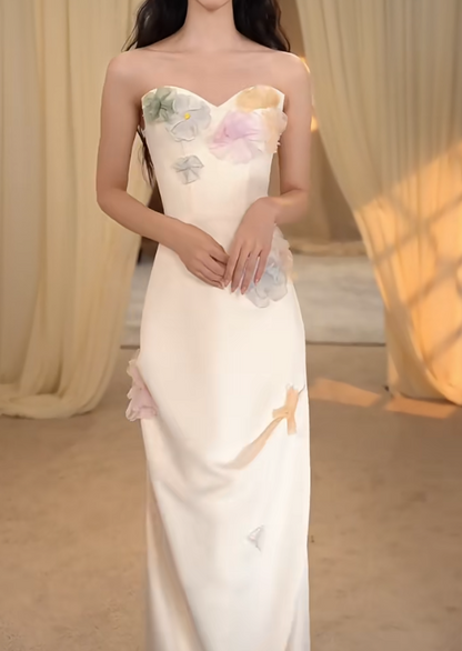 Charming Strapless Prom Dress White Appliques Sheath Evening Dress GG7291