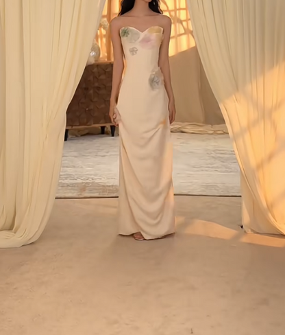 Charming Strapless Prom Dress White Appliques Sheath Evening Dress GG7291
