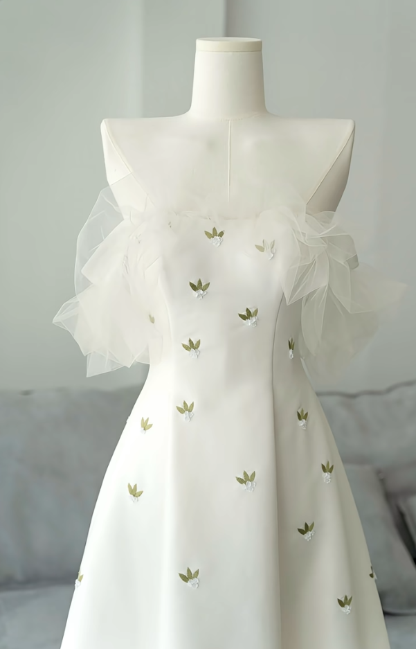 Gorgeous Off-Shoulder Wedding Dress Satin Floral A-Line Bridal Dress GG7293