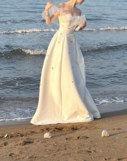 Gorgeous Off-Shoulder Wedding Dress Satin Floral A-Line Bridal Dress GG7293