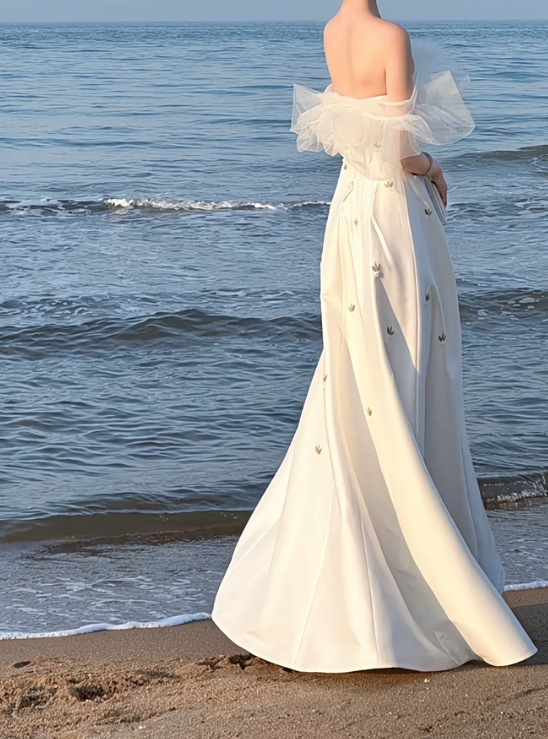 Gorgeous Off-Shoulder Wedding Dress Satin Floral A-Line Bridal Dress GG7293