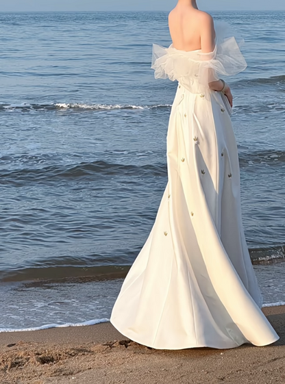 Gorgeous Off-Shoulder Wedding Dress Satin Floral A-Line Bridal Dress GG7293