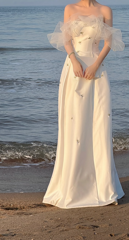 Gorgeous Off-Shoulder Wedding Dress Satin Floral A-Line Bridal Dress GG7293
