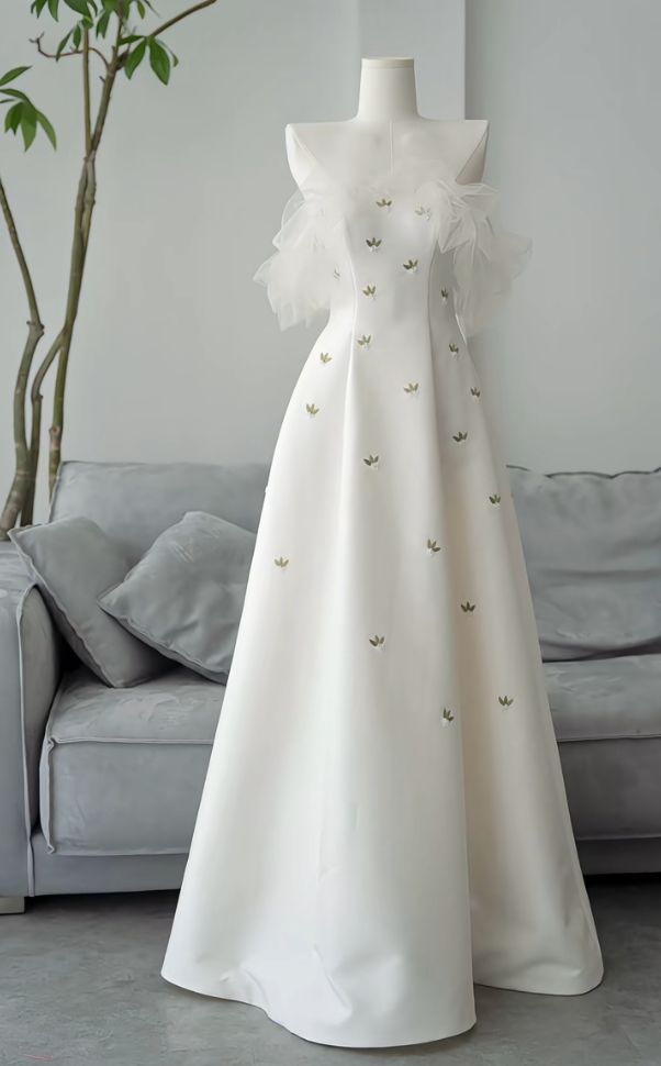 Gorgeous Off-Shoulder Wedding Dress Satin Floral A-Line Bridal Dress GG7293