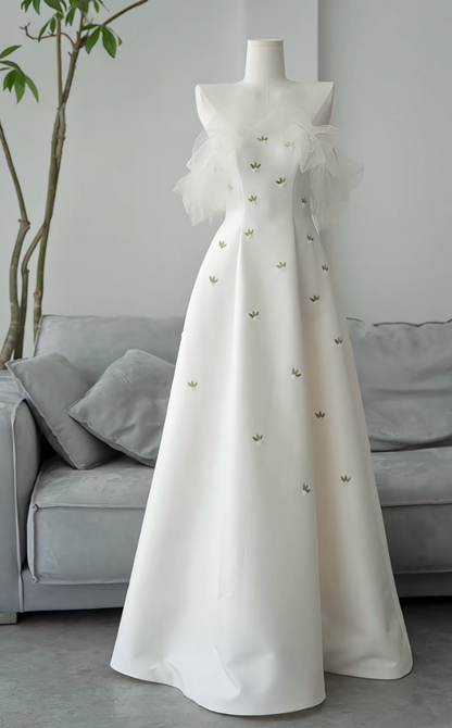 Gorgeous Off-Shoulder Wedding Dress Satin Floral A-Line Bridal Dress GG7293