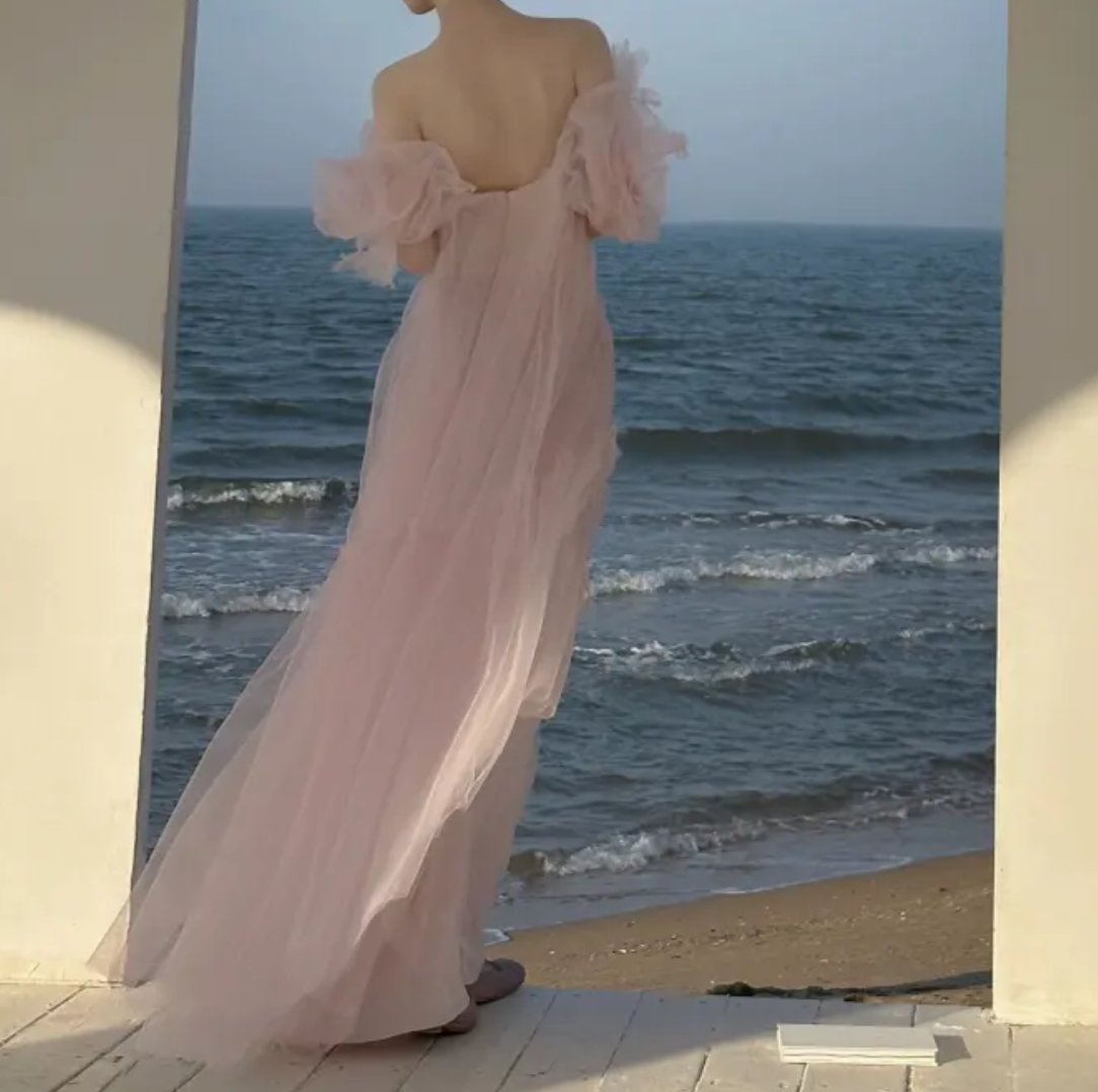 Dreamy Off-Shoulder Pink Prom Dress Appliques Tulle A-Line Evening Dress GG7294