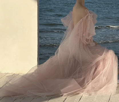 Dreamy Off-Shoulder Pink Prom Dress Appliques Tulle A-Line Evening Dress GG7294