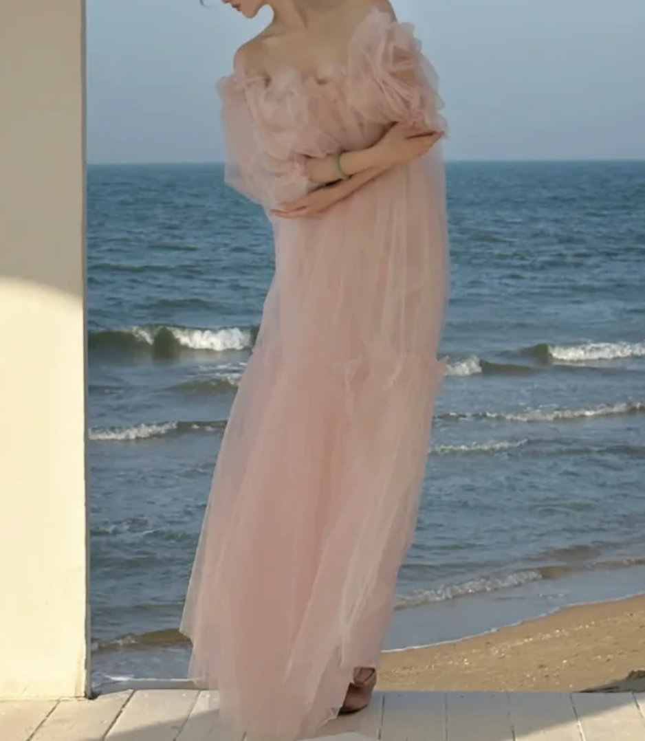 Dreamy Off-Shoulder Pink Prom Dress Appliques Tulle A-Line Evening Dress GG7294