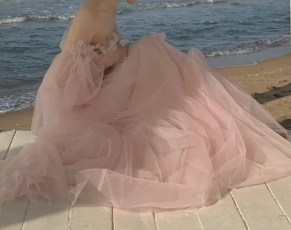 Dreamy Off-Shoulder Pink Prom Dress Appliques Tulle A-Line Evening Dress GG7294