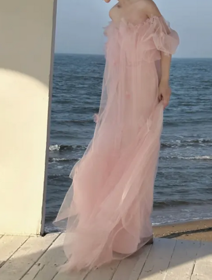 Dreamy Off-Shoulder Pink Prom Dress Appliques Tulle A-Line Evening Dress GG7294
