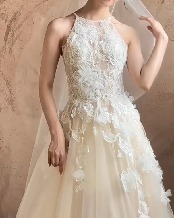 Fascinating Halter Neck Wedding Dress Appliques Tulle A-Line Bridal Dress GG7296