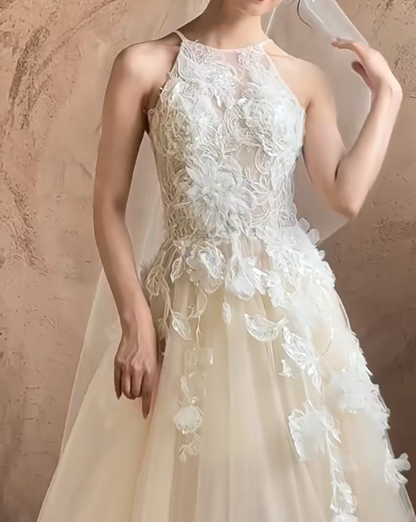 Fascinating Halter Neck Wedding Dress Appliques Tulle A-Line Bridal Dress GG7296