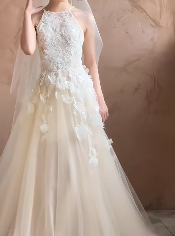 Fascinating Halter Neck Wedding Dress Appliques Tulle A-Line Bridal Dress GG7296