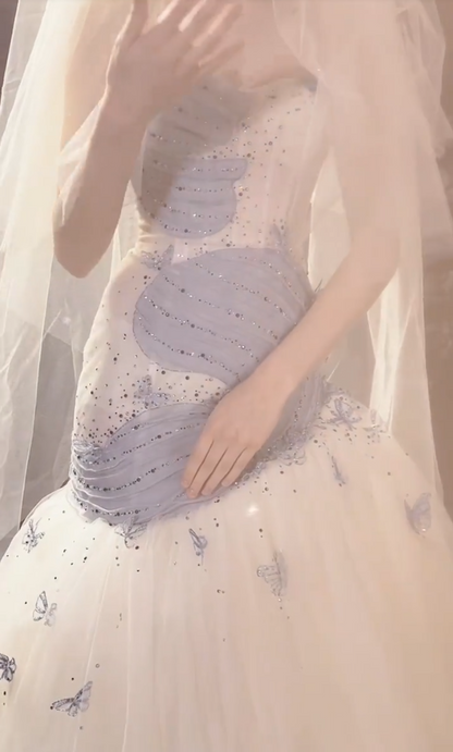 Glittering Strapless Appliques Wedding Dress Sequins Tulle Mermaid Bridal Dress GG7298