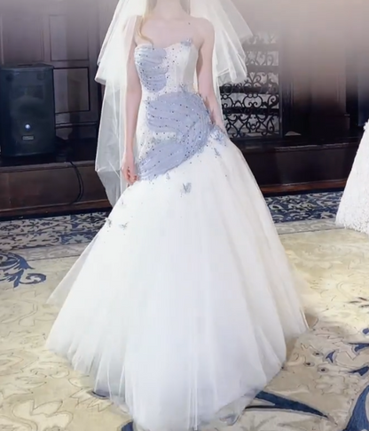 Glittering Strapless Appliques Wedding Dress Sequins Tulle Mermaid Bridal Dress GG7298