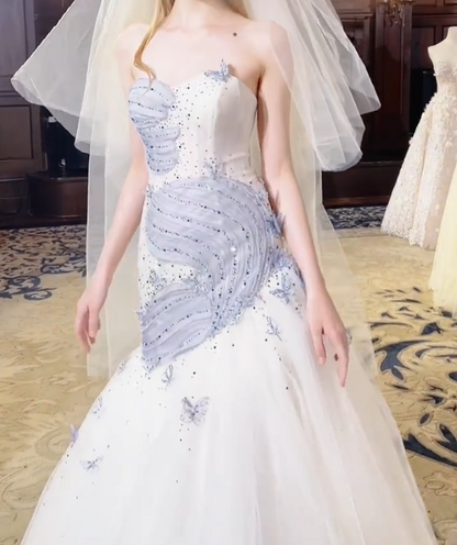 Glittering Strapless Appliques Wedding Dress Sequins Tulle Mermaid Bridal Dress GG7298