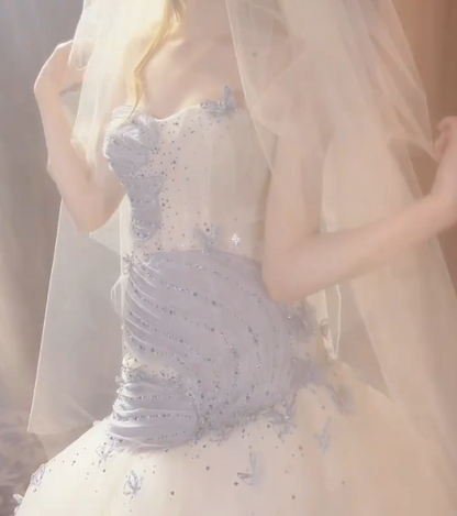 Glittering Strapless Appliques Wedding Dress Sequins Tulle Mermaid Bridal Dress GG7298