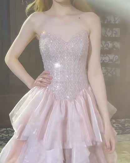 Gorgeous Strapless Pink Prom Dress Sequins Ruffles A-Line Evening Dress GG7302