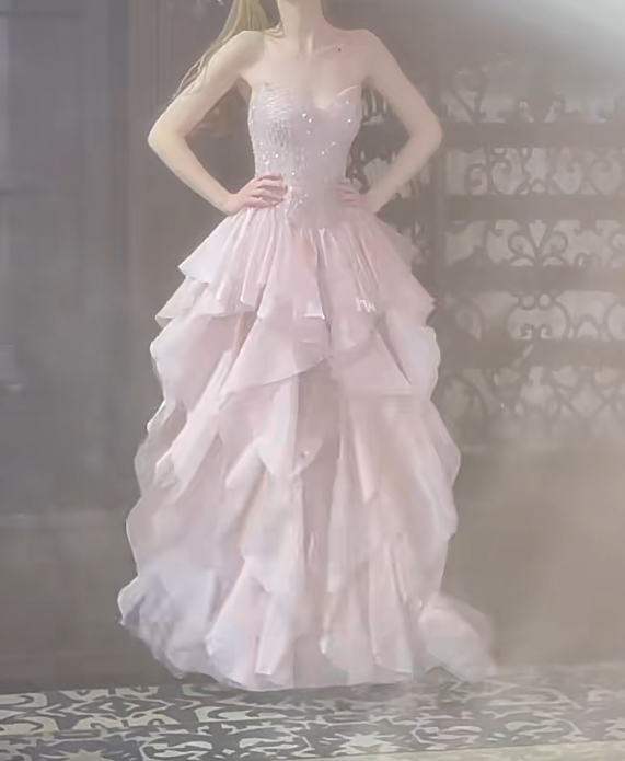 Gorgeous Strapless Pink Prom Dress Sequins Ruffles A-Line Evening Dress GG7302