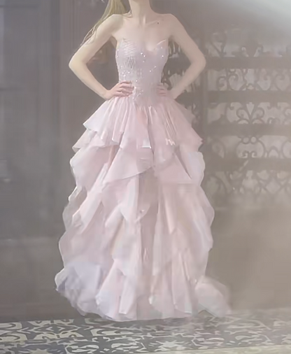 Gorgeous Strapless Pink Prom Dress Sequins Ruffles A-Line Evening Dress GG7302