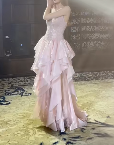 Gorgeous Strapless Pink Prom Dress Sequins Ruffles A-Line Evening Dress GG7302