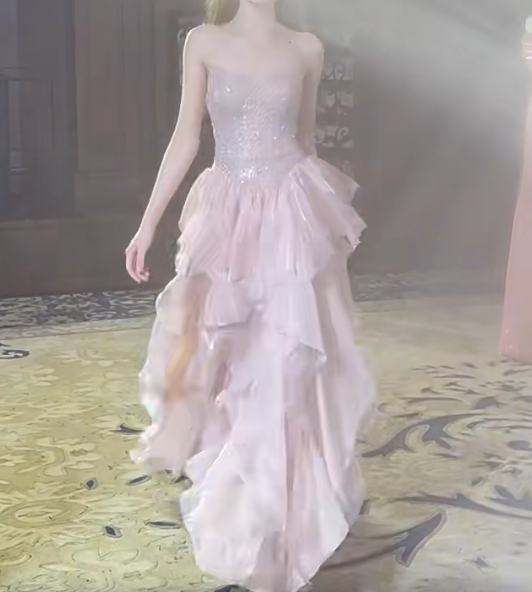Gorgeous Strapless Pink Prom Dress Sequins Ruffles A-Line Evening Dress GG7302