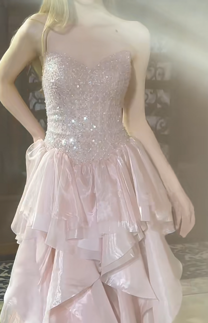 Gorgeous Strapless Pink Prom Dress Sequins Ruffles A-Line Evening Dress GG7302