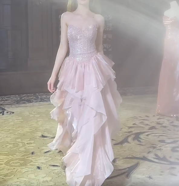 Gorgeous Strapless Pink Prom Dress Sequins Ruffles A-Line Evening Dress GG7302
