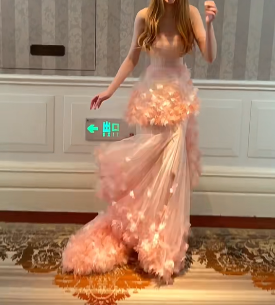 Sweet Strapless Pink Prom Dress Appliques Tulle Mermaid Evening Dress GG7303