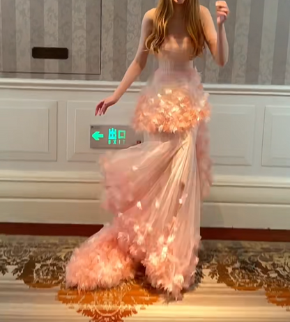 Sweet Strapless Pink Prom Dress Appliques Tulle Mermaid Evening Dress GG7303