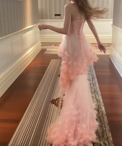 Sweet Strapless Pink Prom Dress Appliques Tulle Mermaid Evening Dress GG7303
