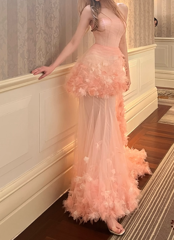 Sweet Strapless Pink Prom Dress Appliques Tulle Mermaid Evening Dress GG7303