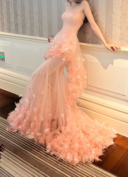 Sweet Strapless Pink Prom Dress Appliques Tulle Mermaid Evening Dress GG7303