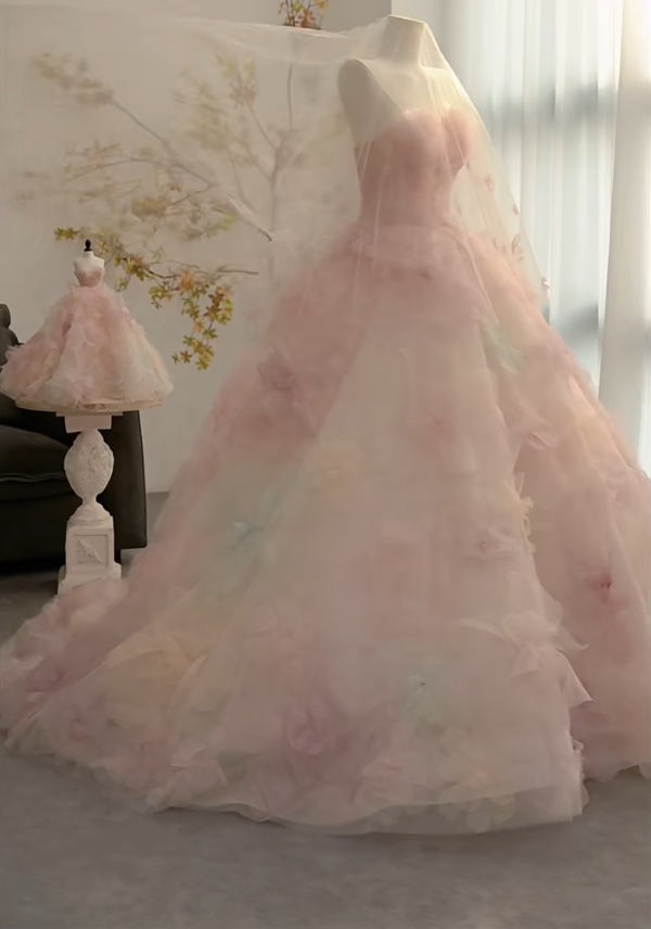 Charming Strapless Pink Prom Dress Appliques Tulle A-Line Evening Dress GG7305