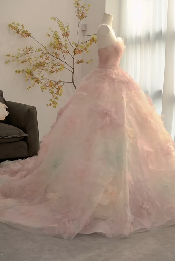 Charming Strapless Pink Prom Dress Appliques Tulle A-Line Evening Dress GG7305