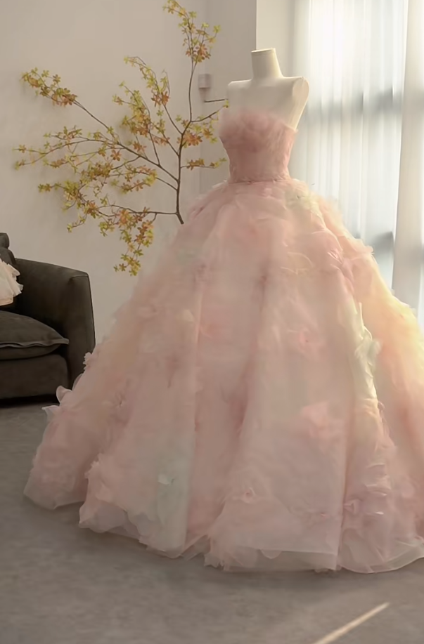 Charming Strapless Pink Prom Dress Appliques Tulle A-Line Evening Dress GG7305