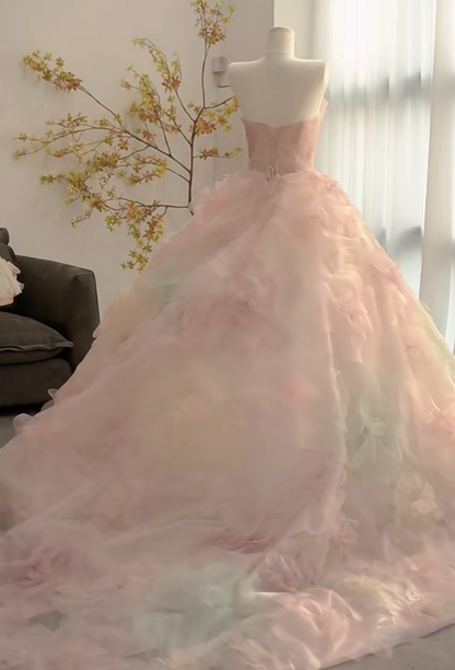 Charming Strapless Pink Prom Dress Appliques Tulle A-Line Evening Dress GG7305