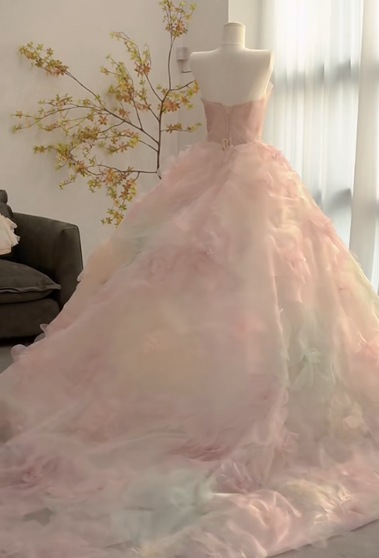 Charming Strapless Pink Prom Dress Appliques Tulle A-Line Evening Dress GG7305
