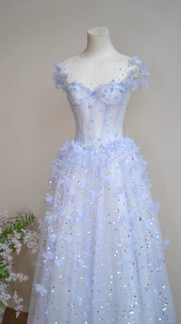 Dreamy Illusion Neck Blue Prom Dress Sequins Appliques A-Line Evening Dress GG7306