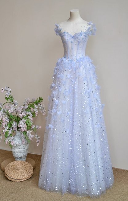 Dreamy Illusion Neck Blue Prom Dress Sequins Appliques A-Line Evening Dress GG7306