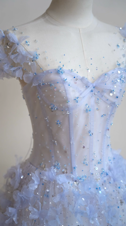 Dreamy Illusion Neck Blue Prom Dress Sequins Appliques A-Line Evening Dress GG7306
