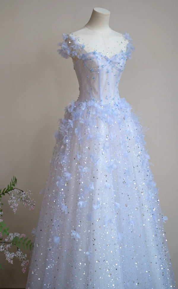 Dreamy Illusion Neck Blue Prom Dress Sequins Appliques A-Line Evening Dress GG7306