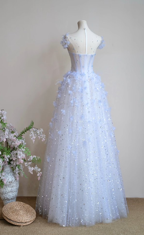 Dreamy Illusion Neck Blue Prom Dress Sequins Appliques A-Line Evening Dress GG7306